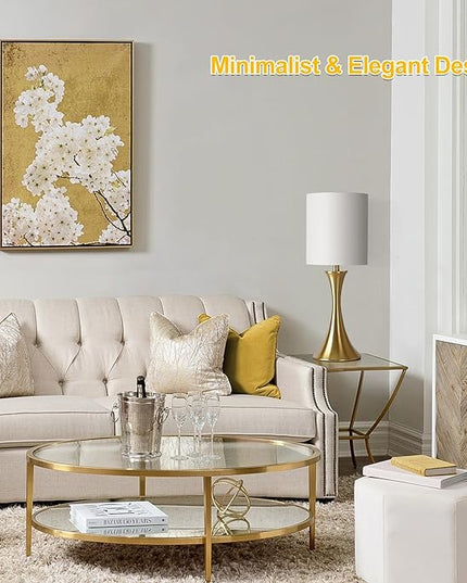 Gold Bedside Lamp Touch Control Table Lamp for Bedroom, 3-Way Dimmable Nightstand Lamp with White Shade, Modern Table Lamp for Living Room, Minimalist Desk Lamp for Dorm, Home, Office, Bulb Included - LeafyLoom