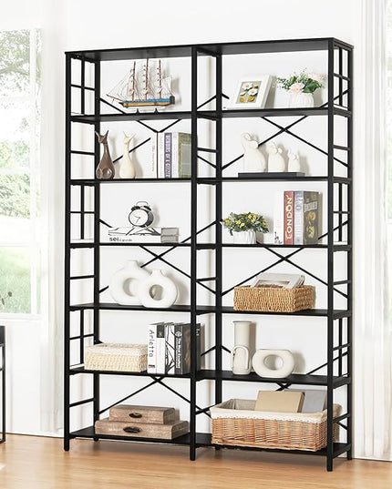 HOMISSUE Tall Bookshelf, 84" Bookshelves and Bookcases Double Wide 7-Tier Bookshelf, Tall Bookcase Wood Style and Metal Open Display Shelves for Living Room Home Office - LeafyLoom