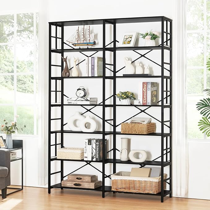 HOMISSUE Tall Bookshelf, 84" Bookshelves and Bookcases Double Wide 7-Tier Bookshelf, Tall Bookcase Wood Style and Metal Open Display Shelves for Living Room Home Office - LeafyLoom