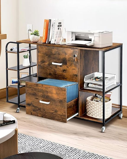 Lateral File Cabinet, 2 Drawer Mobile Filing Cabinet with Outlet, Open Storage Side Shelves, Locking Drawer Fits A4/Letter/Legal Size File Cabinets for Home Office, Brown - LeafyLoom