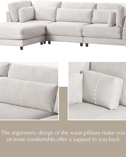 110.6" Modern 2 Pieces L Shaped Sofa with Removable Ottomans and Comfortable Waist Pillows, 4 Seat Large Upholstery Sectional Couch for Living Room, Office, Home, Apartment, Beige, 110.6 Inch - LeafyLoom