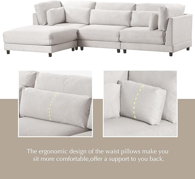 110.6" Modern 2 Pieces L Shaped Sofa with Removable Ottomans and Comfortable Waist Pillows, 4 Seat Large Upholstery Sectional Couch for Living Room, Office, Home, Apartment, Beige, 110.6 Inch - LeafyLoom