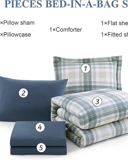Blue Twin XL Comforter Set, Plaid Twin Comforter Set for Boys & Girls,Classic Homestead-style Twin Bed Set with Sheets and Comforter Set - LeafyLoom