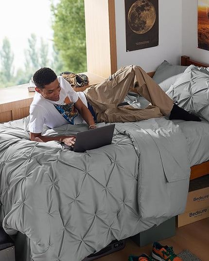 Bedsure Twin XL Comforter Set - Extra Long 5 Pieces Dorm Bedding Sets, Pinch Pleat Grey Bed in a Bag with Comforter, Sheets, Pillowcase & Sham - LeafyLoom