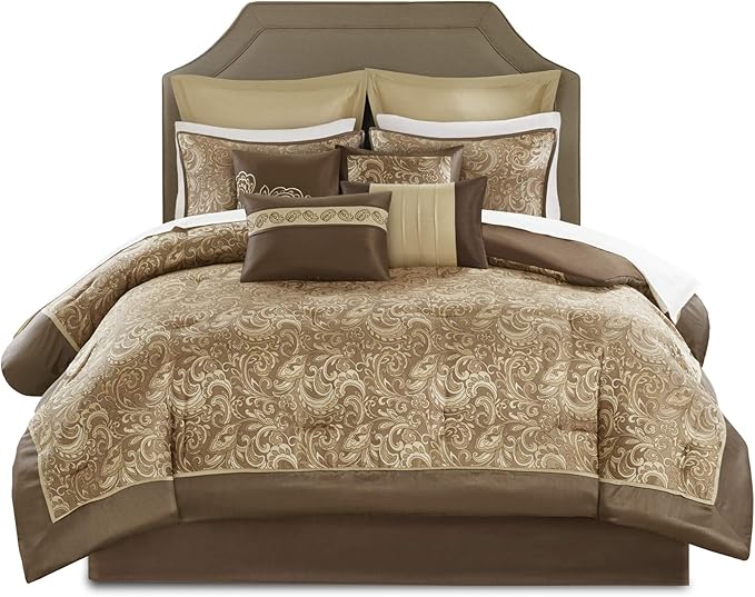 Madison Park Essentials Brystol 24 Piece Room in a Bag Faux Silk Comforter Jacquard Paisley Design Matching Curtains Down Alternative Hypoallergenic All Season Bedding-Set, King(104"x92"), Brown - LeafyLoom