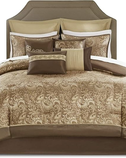 Madison Park Essentials Brystol 24 Piece Room in a Bag Faux Silk Comforter Jacquard Paisley Design Matching Curtains Down Alternative Hypoallergenic All Season Bedding-Set, Queen(90"x90"), Brown - LeafyLoom