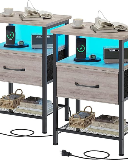 Night Stand Set 2, End Table with Charging Station, LED Bedside Table with Fabric Drawer for Bedroom, 3-Tier Side Table with Open Shelf, Greige - LeafyLoom
