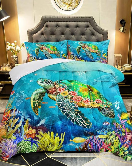 Kids Turtle Rose Comforter Set Queen Beach Theme Jellyfish Starfish Bedding Set Sea Animal Reptile Bed Set with 2 Pillowcases for Boys Girls Room Decor - LeafyLoom