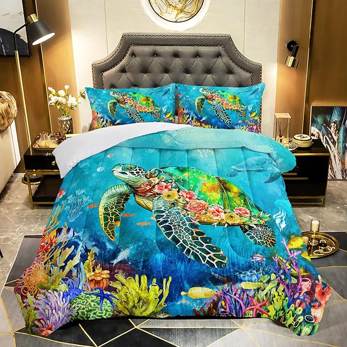 Kids Turtle Rose Comforter Set Full Beach Theme Jellyfish Starfish Bedding Set Sea Animal Reptile Bed Set with 2 Pillowcases for Boys Girls Room Decor - LeafyLoom