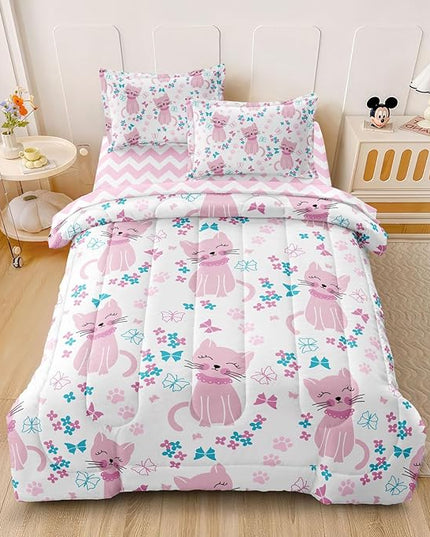 Kids Cat Bedding Twin Size Bed in a Bag, Cute Pink Animal Comforter Set for Teen Girls Bedroom Decor, Kawaii Floral Butterfly Bedding Sets & Collections - LeafyLoom