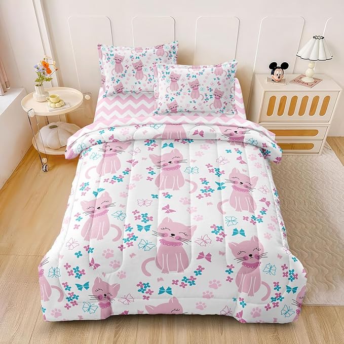 Kids Cat Bedding Twin Size Bed in a Bag, Cute Pink Animal Comforter Set for Teen Girls Bedroom Decor, Kawaii Floral Butterfly Bedding Sets & Collections - LeafyLoom