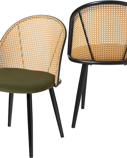 Mid Century Modern Dining Chairs Set of 2, Olive Green Dining Chairs, Kitchen Chairs with Full Rattan Back and Metal Tapered Legs, Kitchen & Dining Room Chairs - LeafyLoom