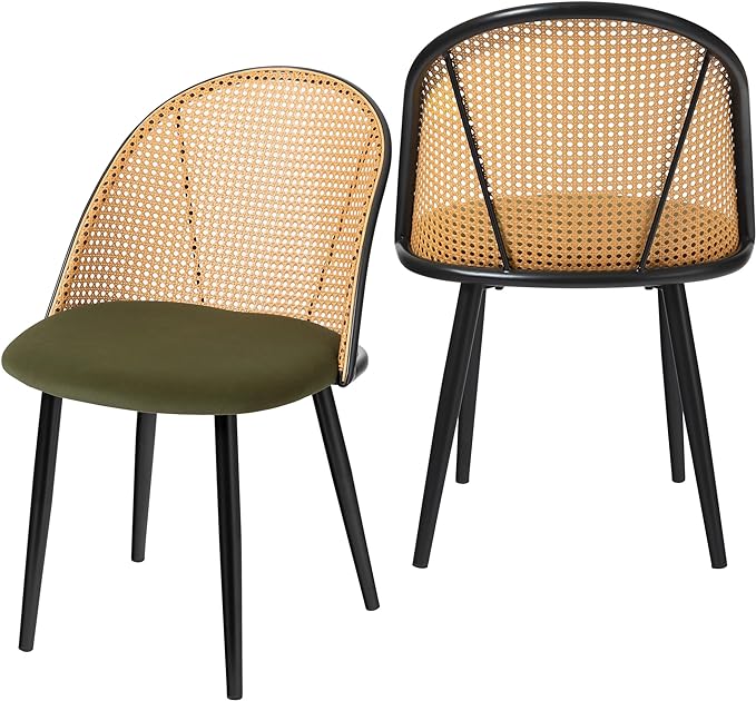 Mid Century Modern Dining Chairs Set of 2, Olive Green Dining Chairs, Kitchen Chairs with Full Rattan Back and Metal Tapered Legs, Kitchen & Dining Room Chairs - LeafyLoom