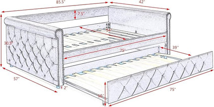 Full Size Upholstered Daybed with Twin Trundle, Solid Wooden Bed Frame w/Button Tufted and Copper Nail on Square Arms, No Spring Box Need, for Kids, Bedroom, Dorm, Grey-4 - LeafyLoom