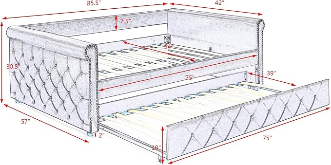 Full Size Upholstered Daybed with Twin Trundle, Solid Wooden Bed Frame w/Button Tufted and Copper Nail on Square Arms, No Spring Box Need, for Kids, Bedroom, Dorm, Grey-4 - LeafyLoom