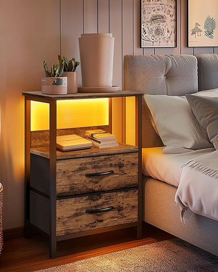 Night Stand Set of 2, Bedside Tables with Fabric Drawers, Side Table with Charging Station, LED Nightstand with USB Ports and Outlets, Small End Table for Bedroom, Rustic Brown - LeafyLoom