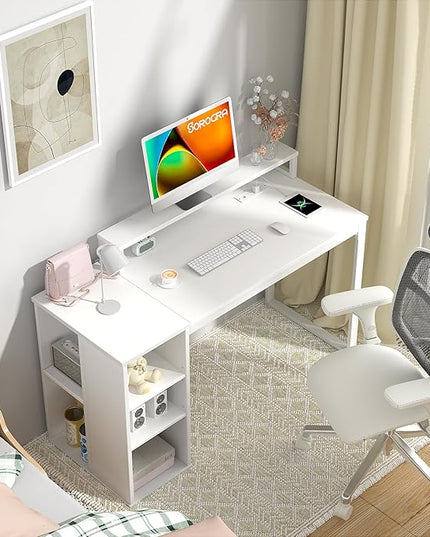 White Computer Desk with LED Lights and Power Outlets 39.4 inch Home Office Desk with Storage Shelves, Small Writing Desk with Monitor Stand for Bedroom, Workstation - LeafyLoom