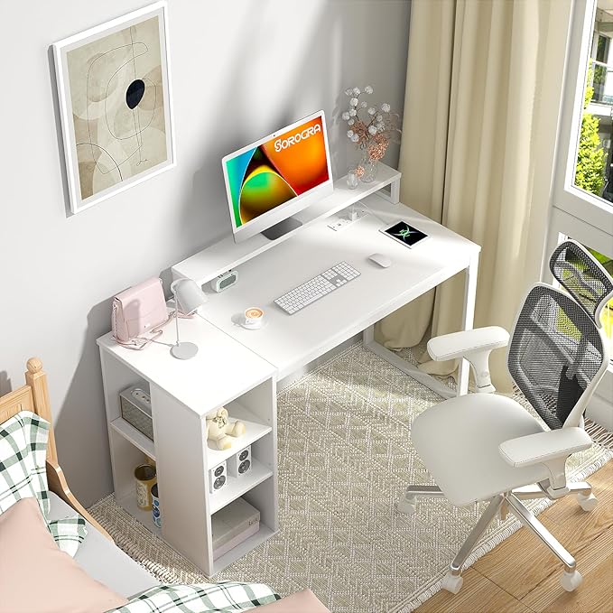 White Computer Desk with LED Lights and Power Outlets 39.4 inch Home Office Desk with Storage Shelves, Small Writing Desk with Monitor Stand for Bedroom, Workstation - LeafyLoom