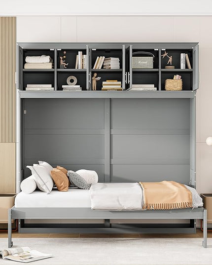 Merax Modern Murphy Cabinet Bed with Top Cabinets, Solid Wood Wall Platform Bed/No Box Spring Needed/Easy Assemble Full,Gray - LeafyLoom