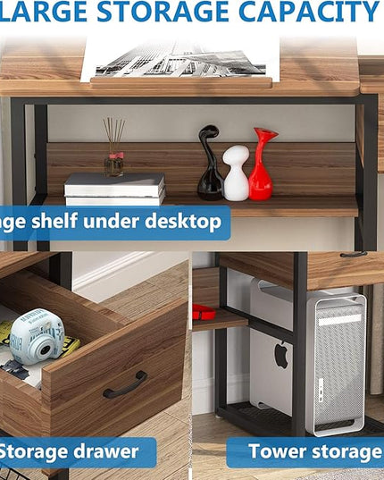 Tribesigns Drafting Table with Storage Drawers, Drawing Computer Desk Artist Craft Table Painting Desk Workstation with Shelves and Tiltable Tabletop for Students, Home Office - LeafyLoom
