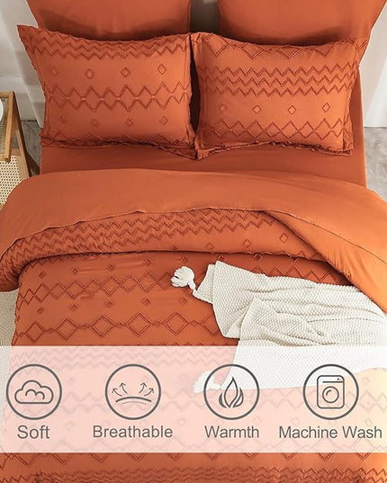 EMME Queen Comforter Set - 7 Pcs Pumpkin Boho Bedding Sets, Full Size Tufted Comforter with Sheets, Shabby Chic Embroidery Queen Bed Set Fluffy Bed Bag for All Season(90"X90") - LeafyLoom