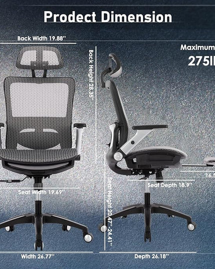 COLAMY Ergonomic Mesh Office Chair with Footrest, High Back Computer Executive Desk Chair with Headrest and 4D Flip-up Armrests, Adjustable Tilt Lock and Lumbar Support-Grey - LeafyLoom
