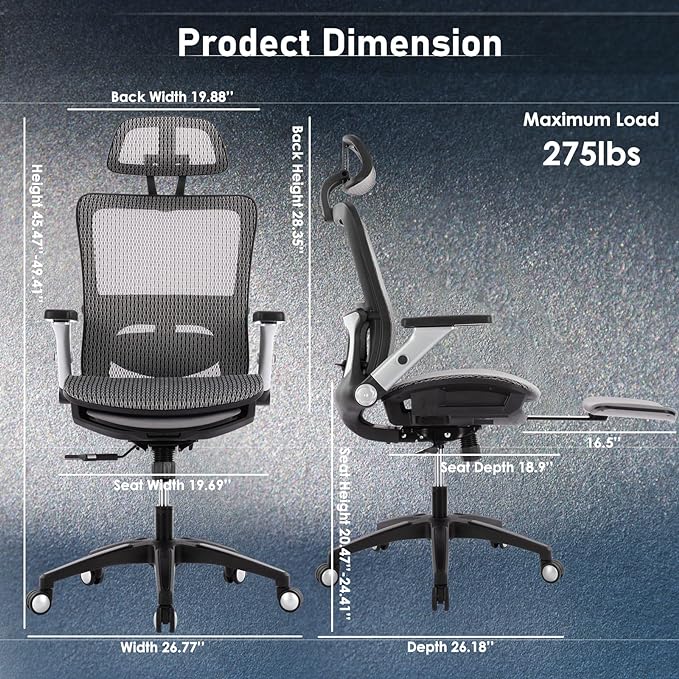 COLAMY Ergonomic Mesh Office Chair with Footrest, High Back Computer Executive Desk Chair with Headrest and 4D Flip-up Armrests, Adjustable Tilt Lock and Lumbar Support-Grey - LeafyLoom