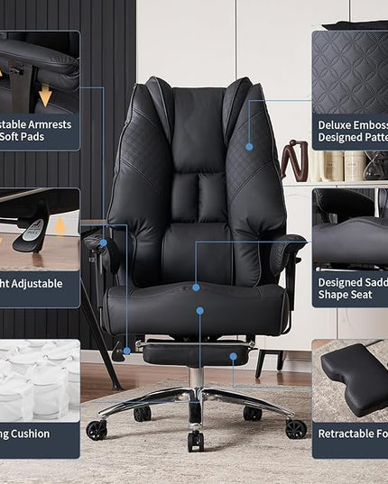 Big and Tall Office Chair 400lbs Wide Seat, Leather High Back Executive Office Chair with Foot Rest, Ergonomic Office Chair Lumbar Support for Lower Back Pain Relief (Black) - LeafyLoom