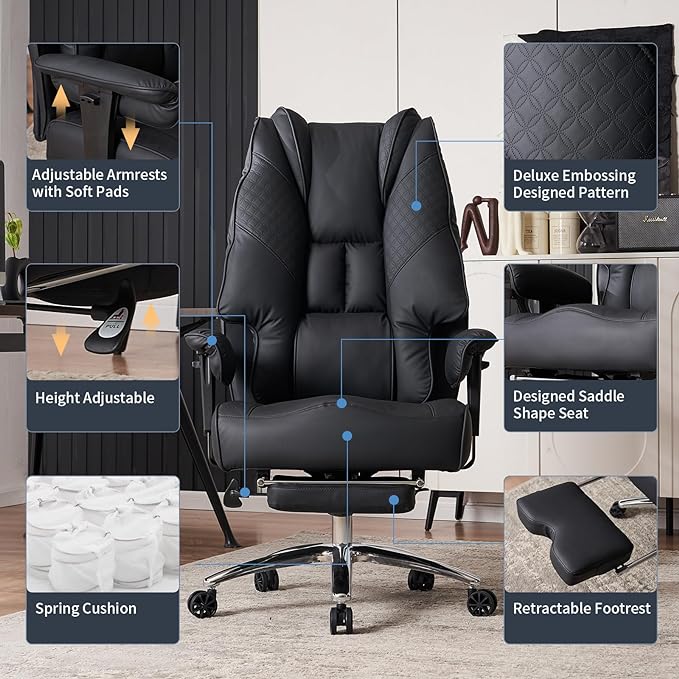 Big and Tall Office Chair 400lbs Wide Seat, Leather High Back Executive Office Chair with Foot Rest, Ergonomic Office Chair Lumbar Support for Lower Back Pain Relief (Black) - LeafyLoom