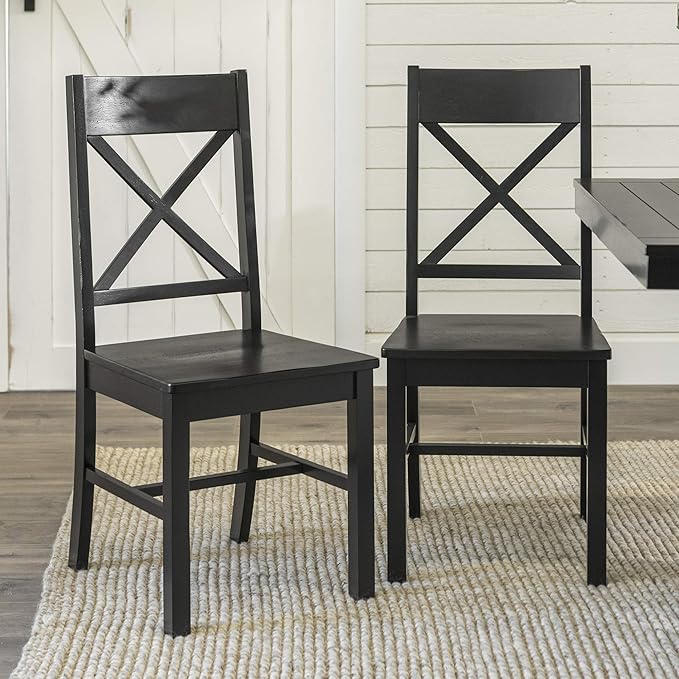 Walker Edison 3 Person Modern Farmhouse Wood Armless Kitchen Table Set Dining Chairs, 60 Inch, Black & Modern Farmhouse Wood X-Back Armless Dining Chairs Kitchen, Set of 2, Black - LeafyLoom