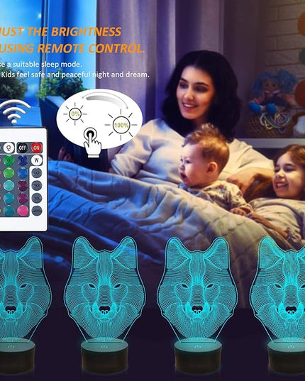 FULLOSUN 3D Wolf Night Light, Optical Illusion Lamp for Home Decor & Co-Sleeping,Remote Controller with 16 Color Changing Birthday Gifts for Kids, Boys & Men - LeafyLoom