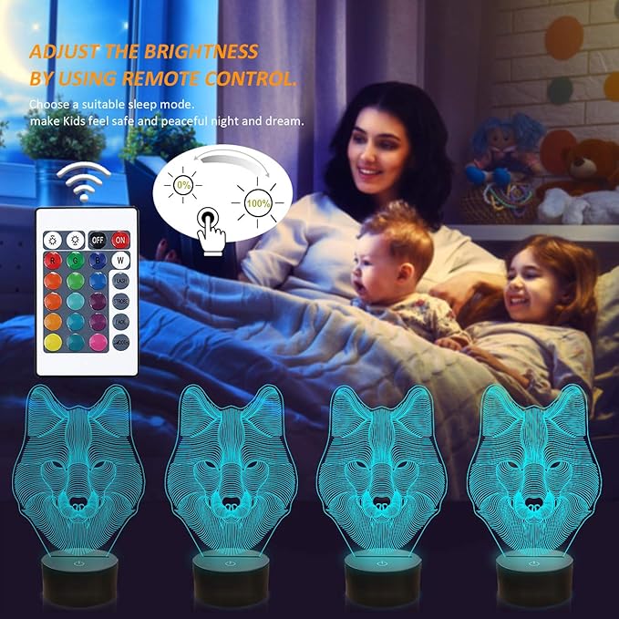 FULLOSUN 3D Wolf Night Light, Optical Illusion Lamp for Home Decor & Co-Sleeping,Remote Controller with 16 Color Changing Birthday Gifts for Kids, Boys & Men - LeafyLoom