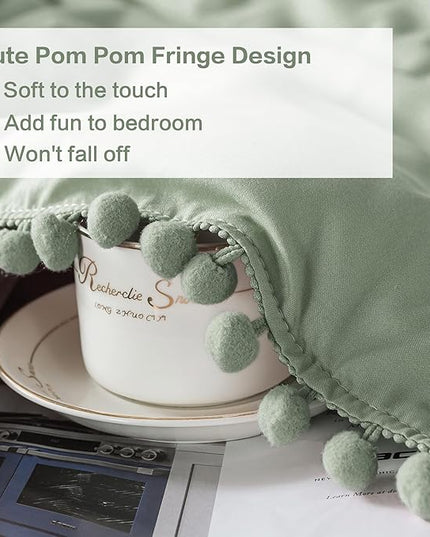 Litanika King Size Comforter Set Sage Green,3 Pieces Sage Green Boho Pom Pom Lightweight Bed Comforter, All Season Soft Solid Color Bedding Comforter Sets (1 Comforter 104x90 Inch, 2 Pillowcases) - LeafyLoom