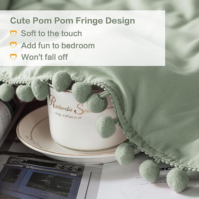 Litanika King Size Comforter Set Sage Green,3 Pieces Sage Green Boho Pom Pom Lightweight Bed Comforter, All Season Soft Solid Color Bedding Comforter Sets (1 Comforter 104x90 Inch, 2 Pillowcases) - LeafyLoom
