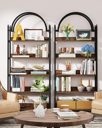 Tribesigns 5-shelf Arched Bookcase, Industrial Metal Etagere Open Bookshelf, Rustic Wood Shelf with Black Metal Frame,72 Inches Tall(1, Brown+Black) - LeafyLoom