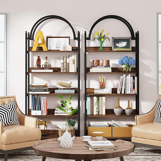 Tribesigns 5-shelf Arched Bookcase Set of 2, Rustic Wood Shelf with Black Metal Frame, Industrial Metal Etagere Open Bookshelf (2, Brown+Black) - LeafyLoom