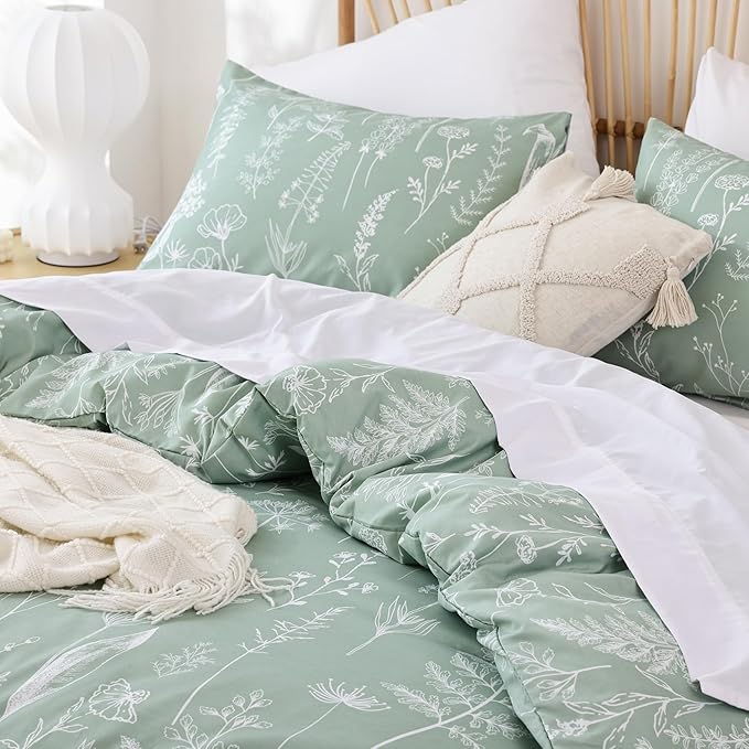 JANZAA Queen Comforter Set Sage Green Comforter,3 PCS Bedding Sets Floral Comforter Set Plant Flowers Printed on Fluffy Comforter Set for All season - LeafyLoom