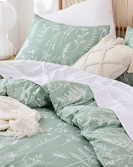 JANZAA Full Size Comforter Sage Green Comforter Bedding Comforter Sets Set Floral Comforter Set full size bed set with 2 Pillow Cases for All Seasons - LeafyLoom