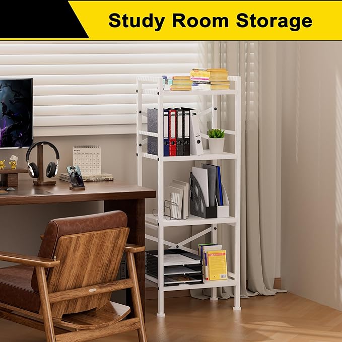 4 Tier Book Shelf, Small Bookshelf Storage Organizer, Tall Narrow Bookcase with Storage Shelves, Wooden Industrial Office Shelves for Bedroom, Living Room, White - LeafyLoom