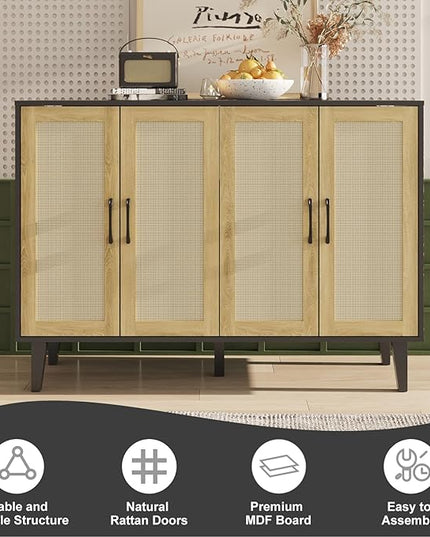 Storage Cabinet with Rattan Trim - 4 Door Sideboard Buffet Cabinet with Storage, Accent Cabinet with Shelves for Bathroom, Coffee Bar, Kitchen, Living Room, Hallway (Black) - LeafyLoom