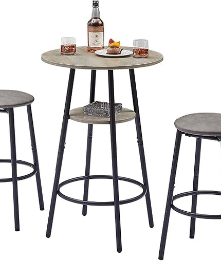 Dining Table Set, Bistro Table and Chairs Set of 2 with Upholstered Cushion, Storage Shelf and Backrest, Pub High Top Round Table Set for Kitchen, Dining Room and Home Bar, Grey - LeafyLoom