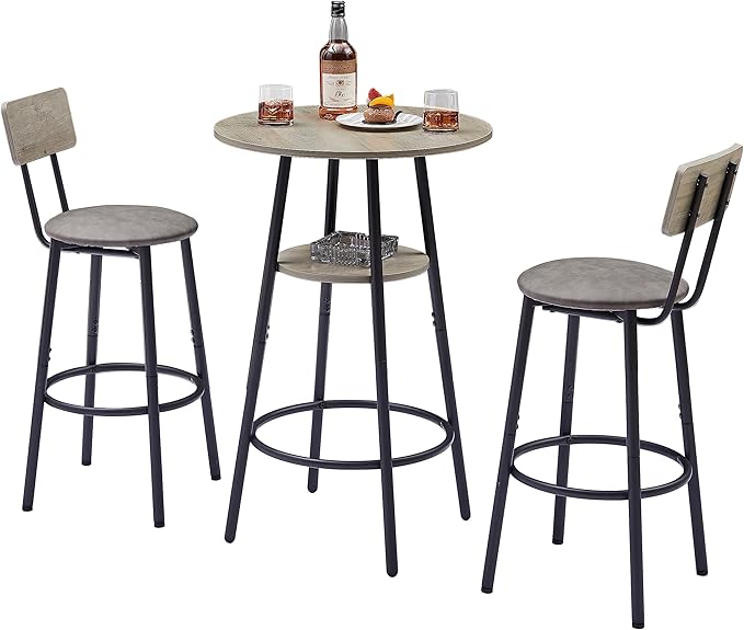 Dining Table Set, Bistro Table and Chairs Set of 2 with Upholstered Cushion, Storage Shelf and Backrest, Pub High Top Round Table Set for Kitchen, Dining Room and Home Bar, Grey - LeafyLoom