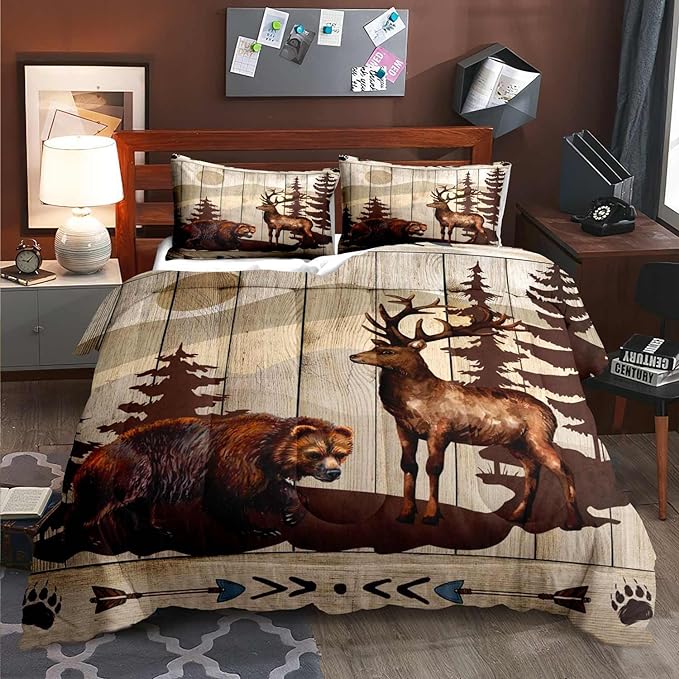 LUVIVIHOME 3PCS Brown Bear Deer Comforter Set King Size, Rustic Cabin Bedding Mountain Pine Tree Forest Animal Elk Wildlife Country Lodge Farmhouse Quilt, Hunting Gifts for Men Hunters, 2 Pillow Shams - LeafyLoom
