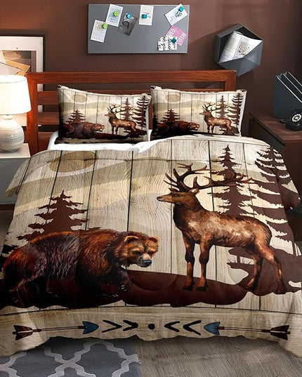 LUVIVIHOME 3PCS Brown Bear Deer Comforter Set Queen Size, Rustic Cabin Bedding Mountain Pine Tree Forest Animal Elk Wildlife Country Lodge Farmhouse Quilt Hunting Gifts for Men Hunters, 2 Pillow Shams - LeafyLoom