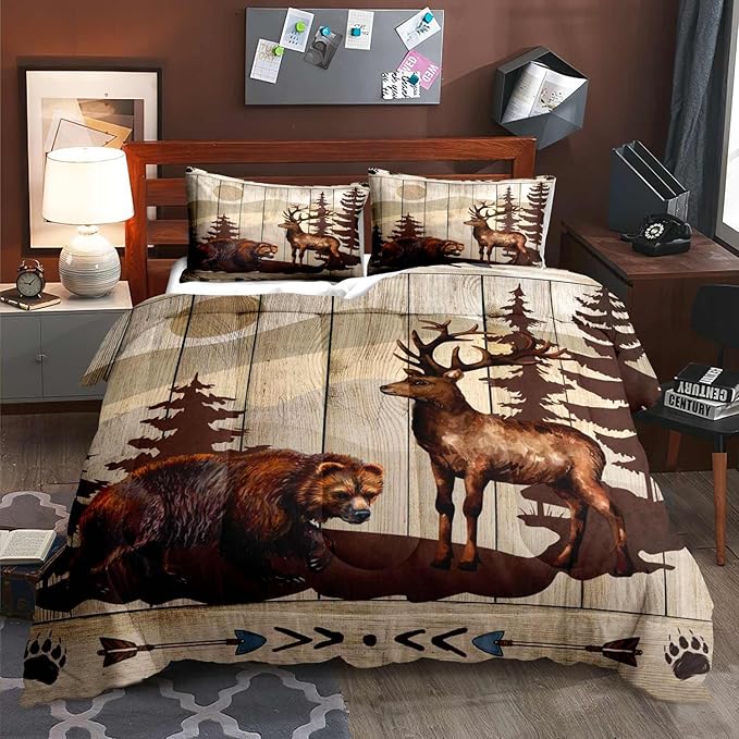 LUVIVIHOME 3PCS Brown Bear Deer Comforter Set Full Size, Rustic Cabin Bedding Mountain Pine Tree Forest Animal Elk Wildlife Country Lodge Farmhouse Quilt, Hunting Gifts for Men Hunters, 2 Pillow Shams - LeafyLoom