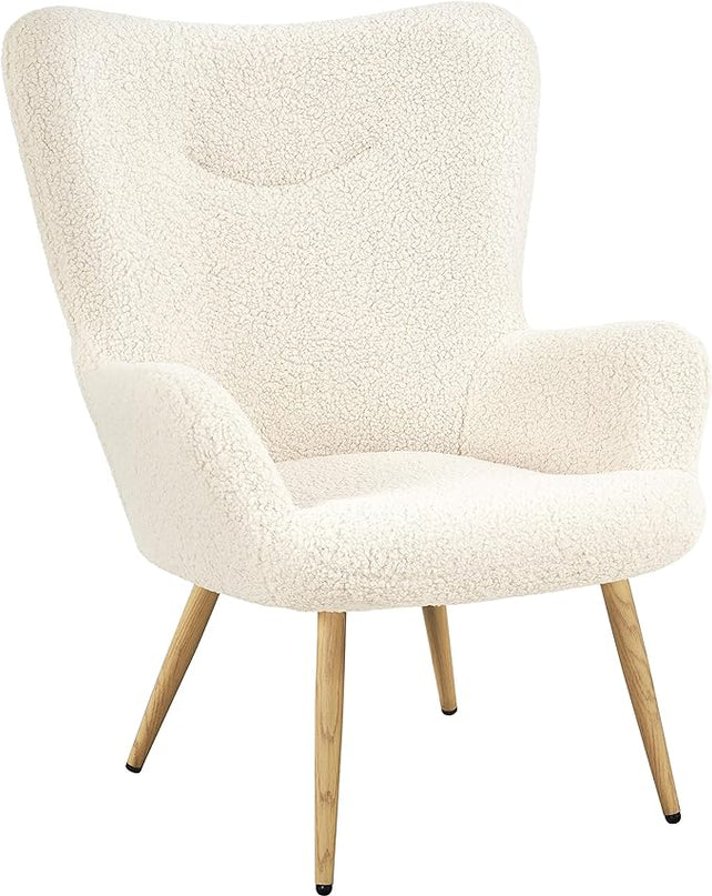 Yaheetech Boucle Vanity Chair, Modern Fluffy Accent Chair, Armchair with High Back and Wood-Tone Metal Legs, Downy Barrel Chair Soft Backrest for Living Room Bedroom Home Office, Ivory - LeafyLoom