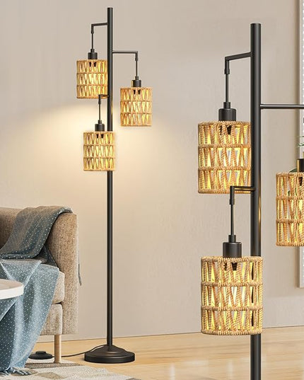 3-Lights Rattan Floor Lamps with ON/Off Foot Switch Tree Standing Lamp with Wood Rattan Lampshades Boho Floor Lamp Tall Pole Lamp for Living Room Bedroom Office, 3 PCS 6W Bulbs Included - LeafyLoom