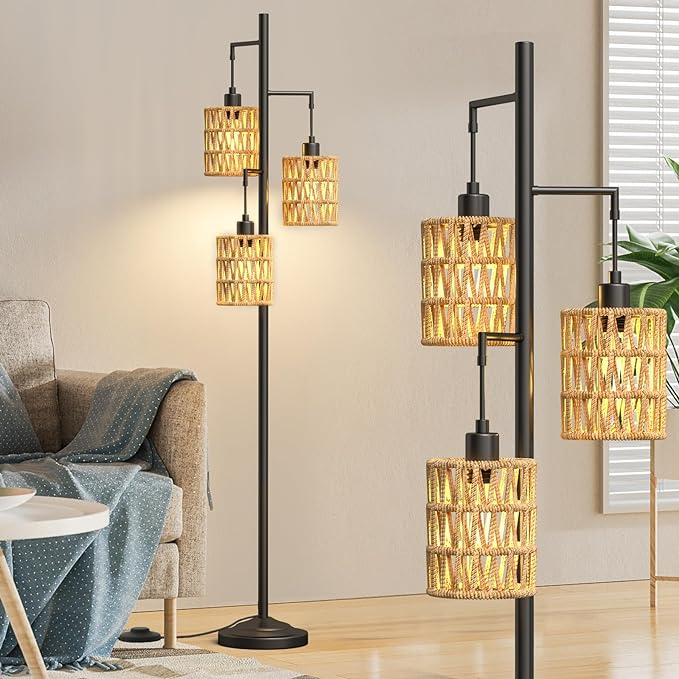 3-Lights Rattan Floor Lamps with ON/Off Foot Switch Tree Standing Lamp with Wood Rattan Lampshades Boho Floor Lamp Tall Pole Lamp for Living Room Bedroom Office, 3 PCS 6W Bulbs Included - LeafyLoom