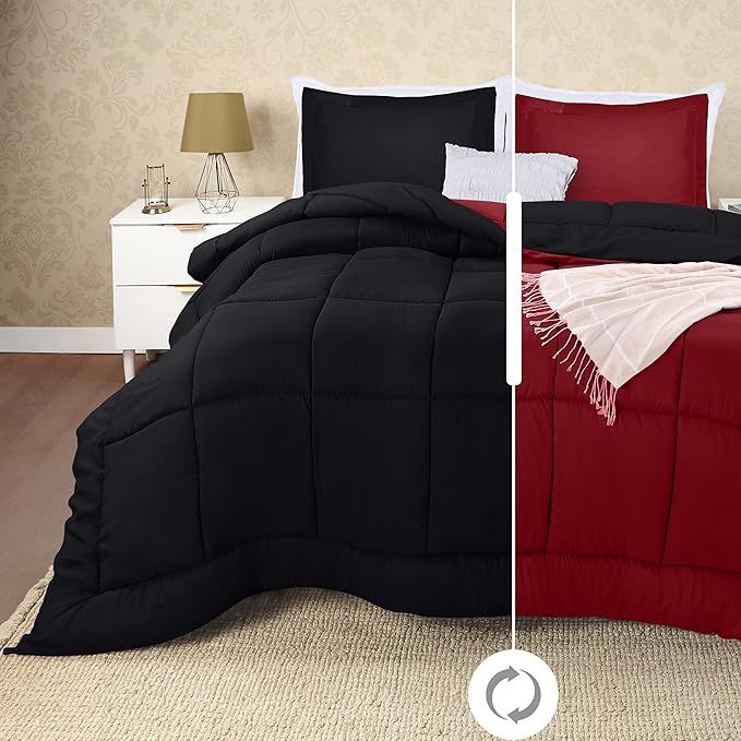 Utopia Bedding Queen Size Comforter Set with 2 Pillow Shams, Bedding Comforter Sets, Down Alternative Reversible Black/Red Comforter, Soft and Comfortable, Machine Washable - LeafyLoom