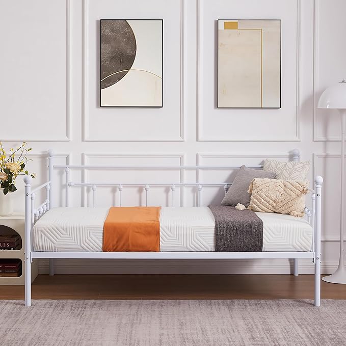 VECELO Twin Size Daybed Frame Metal Steel Slat Support with Headboard Sofa Bed Platform for Living Room, Guest Room, Easy Assembly, White - LeafyLoom